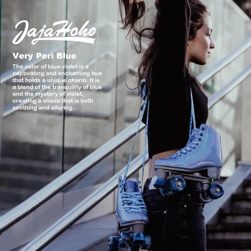Miniatura 4 de JajaHoho Patines de ruedas para mujer, patines de cuero sintético holográfico azul Very Peri de caña alta, patines cuádruples brillantes de doble