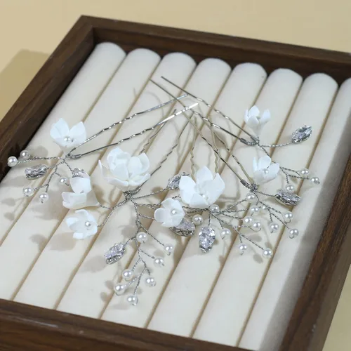 Miniatura 3 de 5 horquillas hechas a mano con perlas para el cabello, 5 unidades, flores blancas, circón, accesorios para el cabello para mujeres, novias, damas