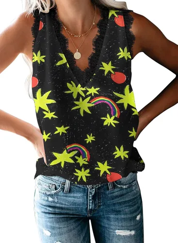 Miniatura 20 de VIISHOW - Camiseta sin mangas, sexy, con cuello en V y bordes de encaje para mujer, camisola de vestir, camisas de gasa, sin mangas, casuales