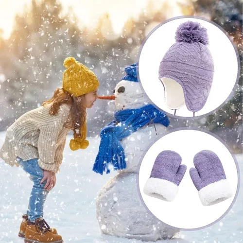 Miniatura 2 de Conjunto de guantes y gorro de invierno para niños, gorro de forro polar cálido, gorro de punto y guantes para niños y niñas