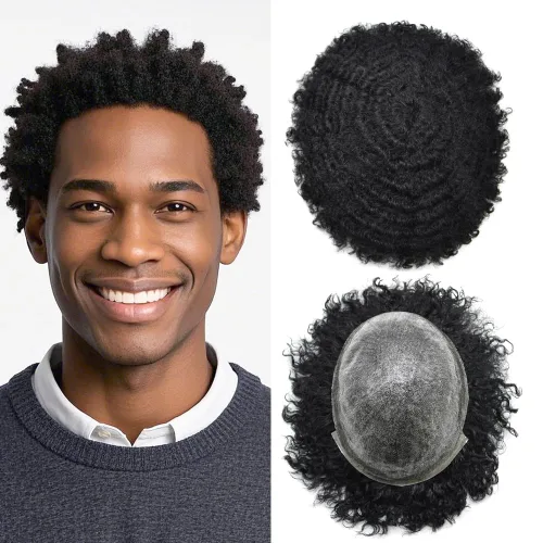 Miniatura 8 de FNY HAIR Afro Curl Toupee para hombres negros, sistema de reemplazo de piezas de cabello 100% humano, piel duradera, inyectada de PU, prótesis de 1#