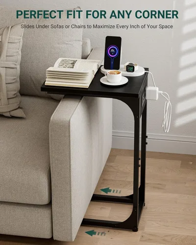 Miniatura 5 de Mesa auxiliar en forma de C para sofá, soporte de café pequeño, bandeja de sofá con marco de metal, parte superior de madera impermeable resistente