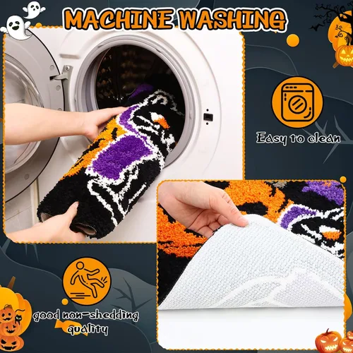 Miniatura 4 de Breling Juego de 3 piezas de alfombras de baño de Halloween, calabaza, antideslizante, lavable, alfombra de fantasmas, negra y púrpura, cubierta