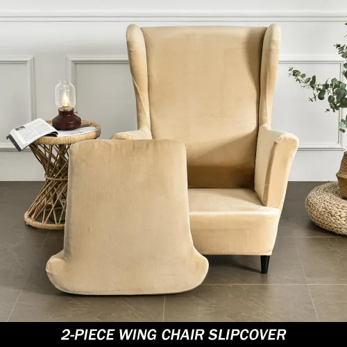 Miniatura 3 de Fundas elásticas para silla de ala, 2 piezas, fundas elásticas de terciopelo suave con parte inferior elástica para sala de estar y dormitorio Beige