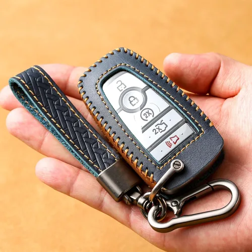 Miniatura 5 de Funda de llavero para Ford, funda de piel auténtica con llavero para Ford, Azul