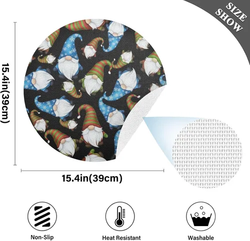 Miniatura 4 de Whimsical Christmas Gnomes Black PVC Placemat, Non Slip Dining Table Heat Protector Mats for Kitchen one sizex4