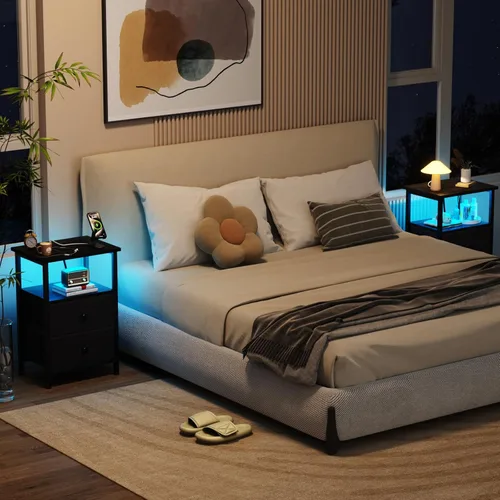 Miniatura 2 de LOAKEKEL Mesita de noche LED con estación de carga, mesita de noche pequeña con puertos USB y tomas, 2 cajones de almacenamiento de tela con acabado