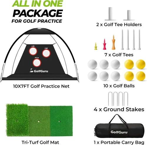 Miniatura 9 de Golfguru Red de práctica de golf todo en 1: 10 x 7 pies con objetivo de astillado profesional, tapete de triple césped, 10 bolas, 7 camisetas, 2