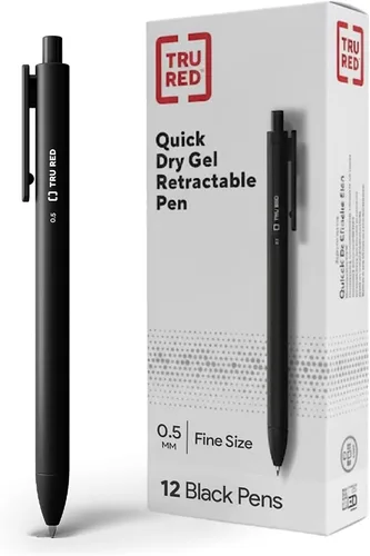 TRU RED Bolígrafos de gel retráctiles, punta fina de 0.020 in, tinta negra, paquete de 12 bolígrafos de secado rápido para una escritura precisa y