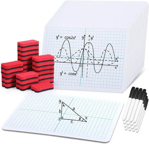 Fulmoon Juego de 24 pizarras blancas con cuadrícula de borrado en seco XY Axis Graph de 9 x 12 pulgadas, pizarra blanca con bolígrafos y borradores,