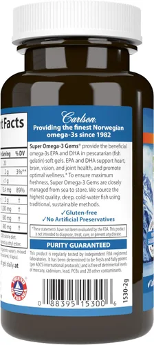 Miniatura 3 de Carlson - Gemas Super Omega-3, 1200 mg Omega-3, noruego, apoyo cardiovascular, función cerebral y salud de la visión, 50 geles blandos
