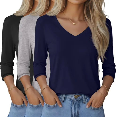 Miniatura 15 de Ficerd Paquete de 3 camisetas de manga 3/4 para mujer, cuello en V, blusas holgadas, blusas casuales, ropa de moda 2026