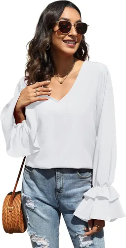 Miniatura 5 de LYANER Blusa casual de manga larga con cuello en V y volantes para mujer