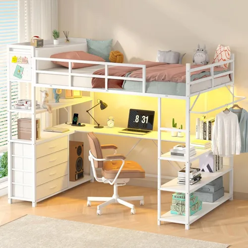 Miniatura 10 de Cama elevada de tamaño individual con almacenamiento y cabecero tapizado, estructura de cama elevada de metal con escritorio en forma de U y luces