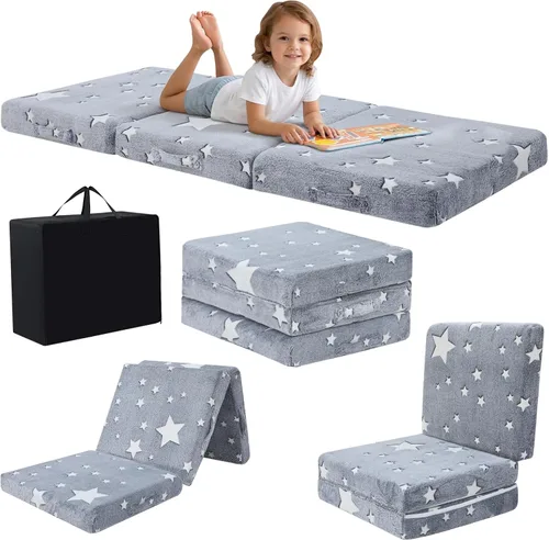 MeMoreCool Colchón plegable de suelo para niños, tapete triple con estrella brillante, colchón plegable para niños, futón portátil, 57 x 22 Gris