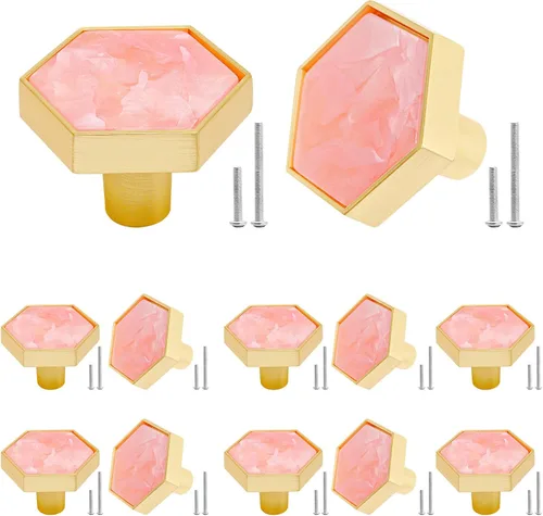 12 pomos dorados para cajones de tocador, hexagonales de latón cepillado, tiradores de tocador de 1-1/4 pulgadas para armarios de cocina, armarios,