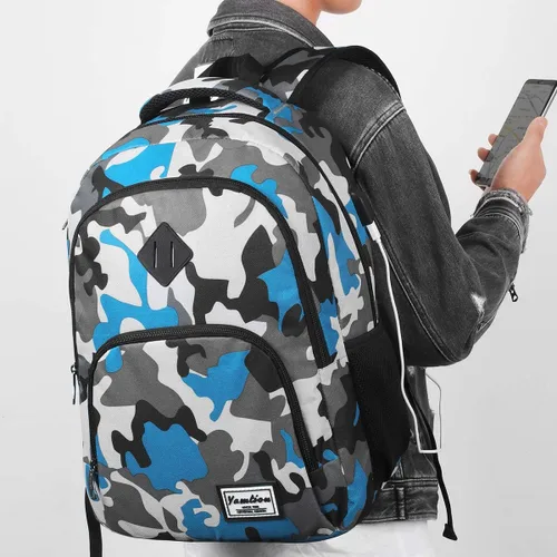 Miniatura 7 de Mochila escolar YAMTION para adolescentes, mochila con USB para preparatoria y universidad, camuflaje azul