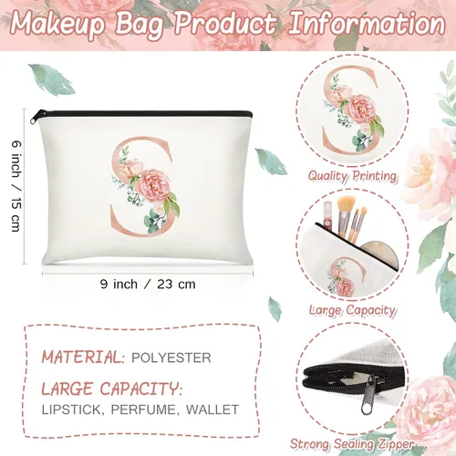Miniatura 5 de Sanwuta 2 bolsas de lona con inicial, diseño floral con letras florales, bolsas de cosméticos de viaje, bolsas con monograma para mujer, mujer