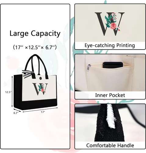 Miniatura 86 de Bolsa de lona con inicial, regalos de cumpleaños personalizados para mujeres, madres, amigas y profesoras, bolsas de mano con monograma adecuadas
