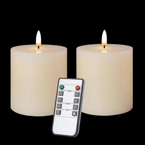 Miniatura 9 de volnyus Juego de 3 velas sin llama (3 x 3 pulgadas) parpadeantes LED de cera real, funcionan con pilas con temporizadores de control remoto