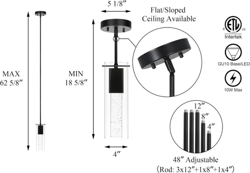 Miniatura 6 de XiNBEi Lighting Lámpara colgante, moderna cocina negra colgante colgante de iluminación con vidrio cuadrado y bombilla LED XB-P1110-SQ-MB