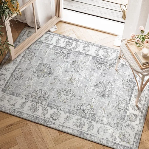 Miniatura 76 de Jinchan Fiora - Alfombra redonda de 8 pies, alfombras vintage con diseño floral envejecido, lavable a máquina, antideslizante, de pelo bajo, Azul