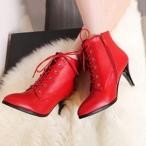 Miniatura 4 de MIOKE Botas de tobillo de tacón de aguja para mujer, botas puntiagudas con cordones y cremallera, botas cortas