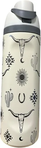 Botella de agua de acero inoxidable de 40 oz taza Longhorn Bottle Bull Tumbler Cow Gift Western Water Bottle Cup (24oz Cream(90)-Longhorn (D35))