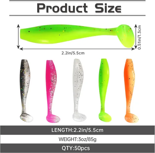 Miniatura 2 de MAFIMOEA - 50 señuelos de pesca suaves de plástico para cola de paleta, kit de cebos de natación para lubina, trucha, lucioperca, crappie, 5