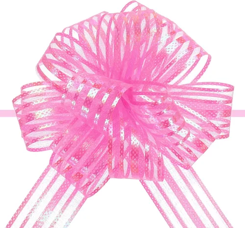 Miniatura 18 de MECCANIXITY 5 lazos metálicos de organza de 4 pulgadas para envolver regalos, color rosa claro para cestas de boda, regalos de Navidad, día de San