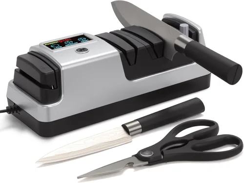 Miniatura 8 de Afilador de cuchillos eléctrico profesional de 3 etapas para cuchillos de cocina, pantalla LCD, 100% abrasivo de diamante, velocidad de rotación Gris