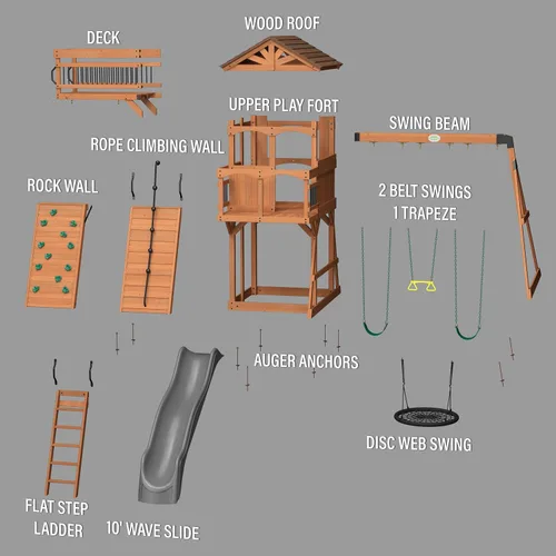Miniatura 9 de Conjunto de columpios Backyard Discovery Sterling Point de madera de cedro con tobogán de ola, casa elevada, puente de madera, pared de roca, Slide