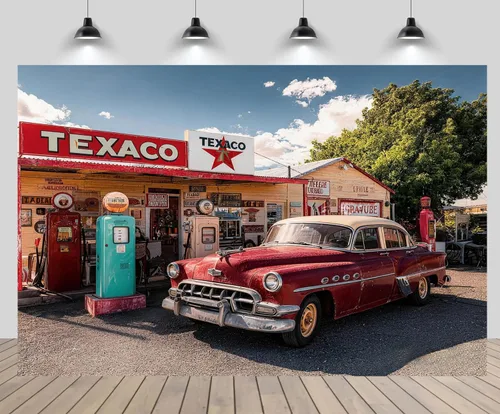 Telón de fondo retro para gasolinera de 5 x 3 pies, ruta temática clásica, 66, estación de servicio, bombas de gas, coche retro, tienda Texaco,