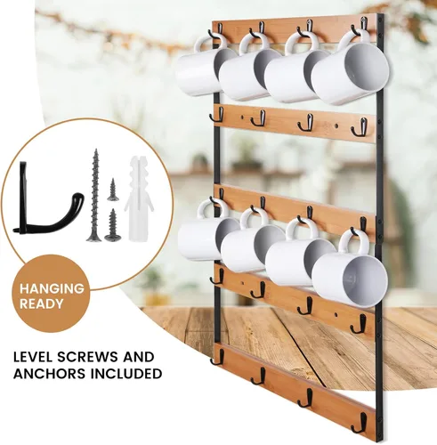Miniatura 3 de Soporte para taza de café montado en la pared, estante grande de 5 niveles con 20 ganchos para tazas, estante de exhibición de madera rústica