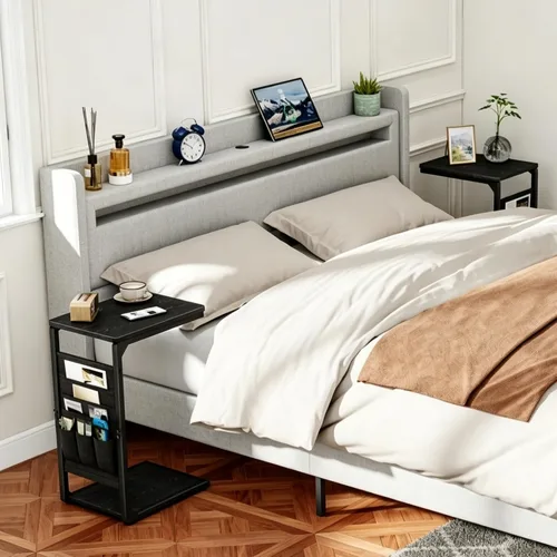 Miniatura 5 de Bandejas de TV con pedestal de madera para comer en mesas de sofá que se deslizan por debajo, mesa auxiliar en forma de C, mesa auxiliar para sofá