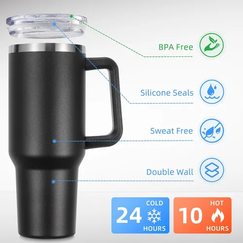 Miniatura 2 de DOMICARE Vaso de 40 oz con asa y pajita, vaso de acero inoxidable con tapa y pajita, reutilizable, aislado al vacío, taza para café de viaje