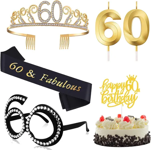 Regalos de cumpleaños número 60 para mujeres, tiara, banda, adorno para pastel, vela y vasos para decoración de fiesta de cumpleaños 60, 5 unidades