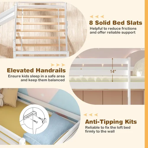 Miniatura 5 de DORTALA Cama alta individual con tobogán, marco de cama individual para niños, niños pequeños, jóvenes, cama baja con tobogán, escalera, rieles