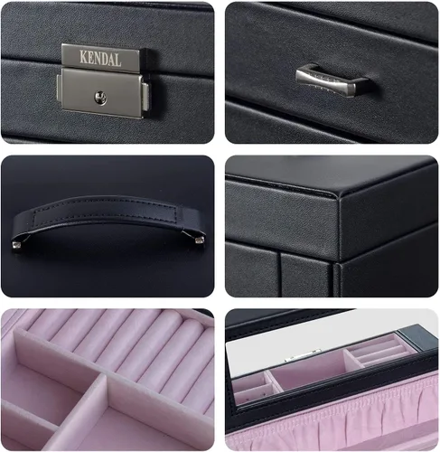 Miniatura 7 de Kendal Cajas de joyería grandes para mujer 6 capas de cuero negro elegante para joyas caja organizadora de almacenamiento con cerradura para collar