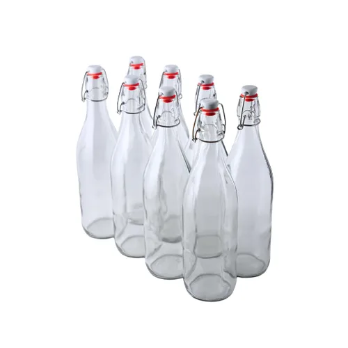 FastRack Botellas de vidrio con tapa oscilante, 33 onzas, paquete de 8, botellas de vidrio transparentes con tapa abatible para elaboración casera,