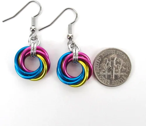 Miniatura 4 de Pansexual pride earrings, handmade chainmail love knot jewelry; pink, yellow, blue