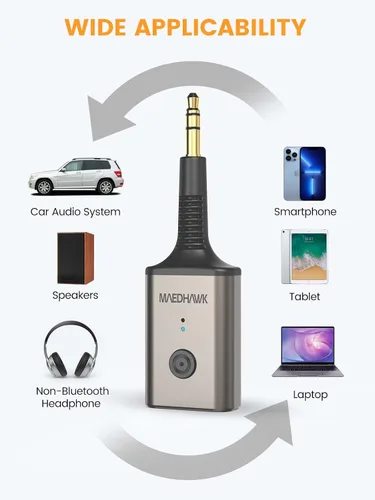 Miniatura 6 de MaedHawk Receptor de audio inalámbrico Bluetooth 5.3 portátil, adaptador giratorio de 0.138 in para altavoz estéreo de coche, auriculares con cable