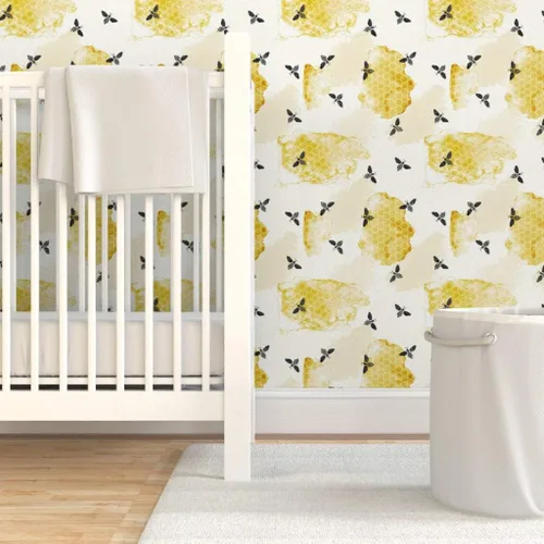Miniatura 6 de Spoonflower Papel tapiz autoadhesivo de 3 x 2 pies – Abeja verano jardín acuarela miel oro negro nido de abeja insectos colmena abeja abejas papel