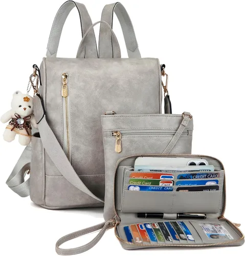 Miniatura 8 de Soperwillton Mochila de moda para mujer, bolso de hombro de cuero antirrobo, bolsa de viaje, múltiples bolsillos, cartera, juego de 3 piezas