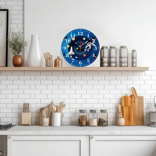 Miniatura 6 de Reloj de pared, astronauta y planetas espaciales, silencioso, sin tictac, funciona con pilas, redondo, decorativo, para interiores y exteriores