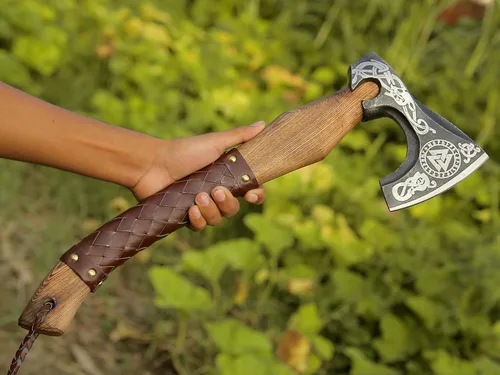 Miniatura 3 de ANCILLA Hacha vikinga de 16 pulgadas para camping, hecha de hoja de acero al carbono forjada a mano y mango de palisandro, el hacha viene con funda