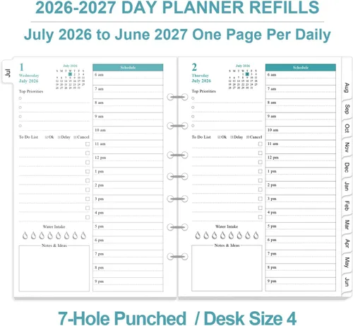 Miniatura 2 de Recambios de agenda 2026-2027, agenda diaria y mensual de una página por día, julio de 2026 a junio de 2027, 7 agujeros perforados, priorizada
