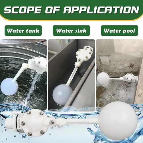 Miniatura 6 de Válvula flotante desmontable de 3/4, válvula de flotador de agua de plástico blanco con brazo ajustable para control de nivel de agua para estanque