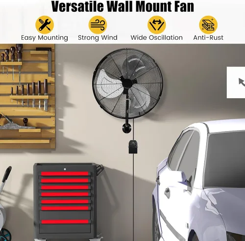 Miniatura 8 de Tangkula Ventilador de pared de 20 pulgadas con aspas de aluminio, ventilador de pared de metal oscilante industrial de 3 velocidades, resistente