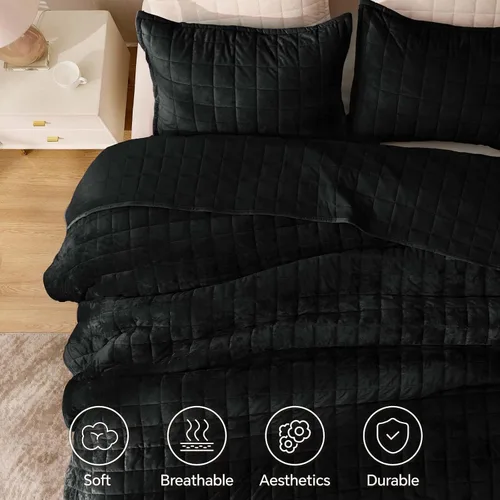Miniatura 4 de BEDELITE Juego de edredón de terciopelo tamaño Queen – Juego de ropa de cama de terciopelo de lujo de 3 piezas, suave y acogedor color negro, colcha